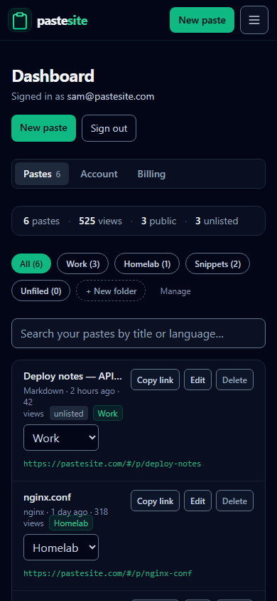 The dashboard at phone width: folder filter chips wrapping onto two rows above the paste list