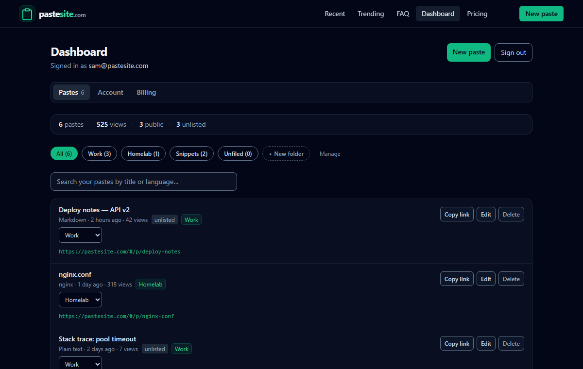 The dashboard: paste list with views, folder tags, a folder filter row and search
