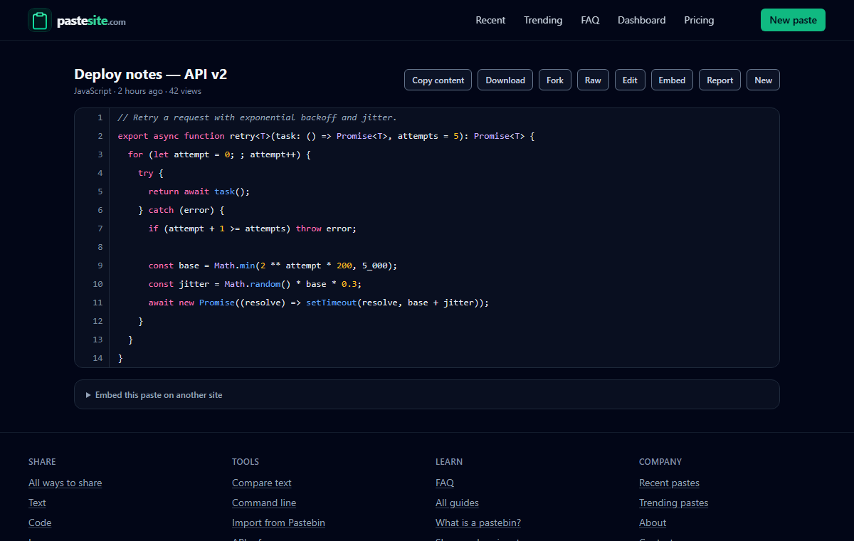 A paste page showing highlighted JavaScript with copy, download, raw and embed actions
