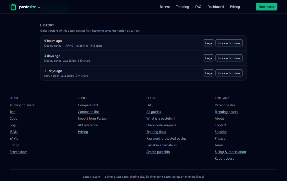 Revision history with three earlier versions, each offering preview and restore